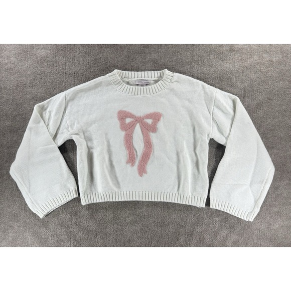 Sincerely Jules Sweaters - Sincerely Jules Bow Sweater XS White Pink Knit Crop Pullover Cozy Cute
